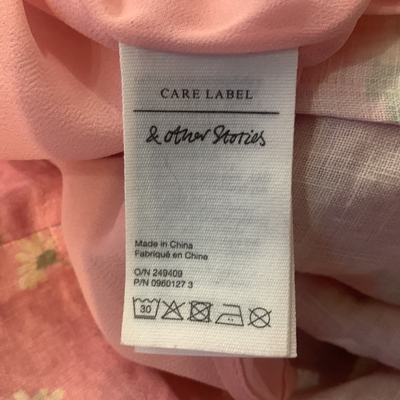 & Other Stories Floral Linen Dress Pink 6 Puff Sleeve Smock Peasant Romantic - Picture 9 of 17